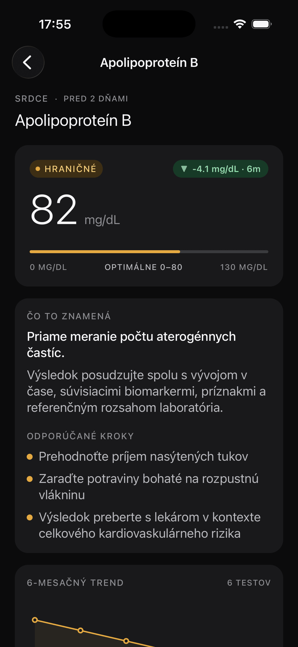 Numax biomarker detail screen showing a result, range and historical trend