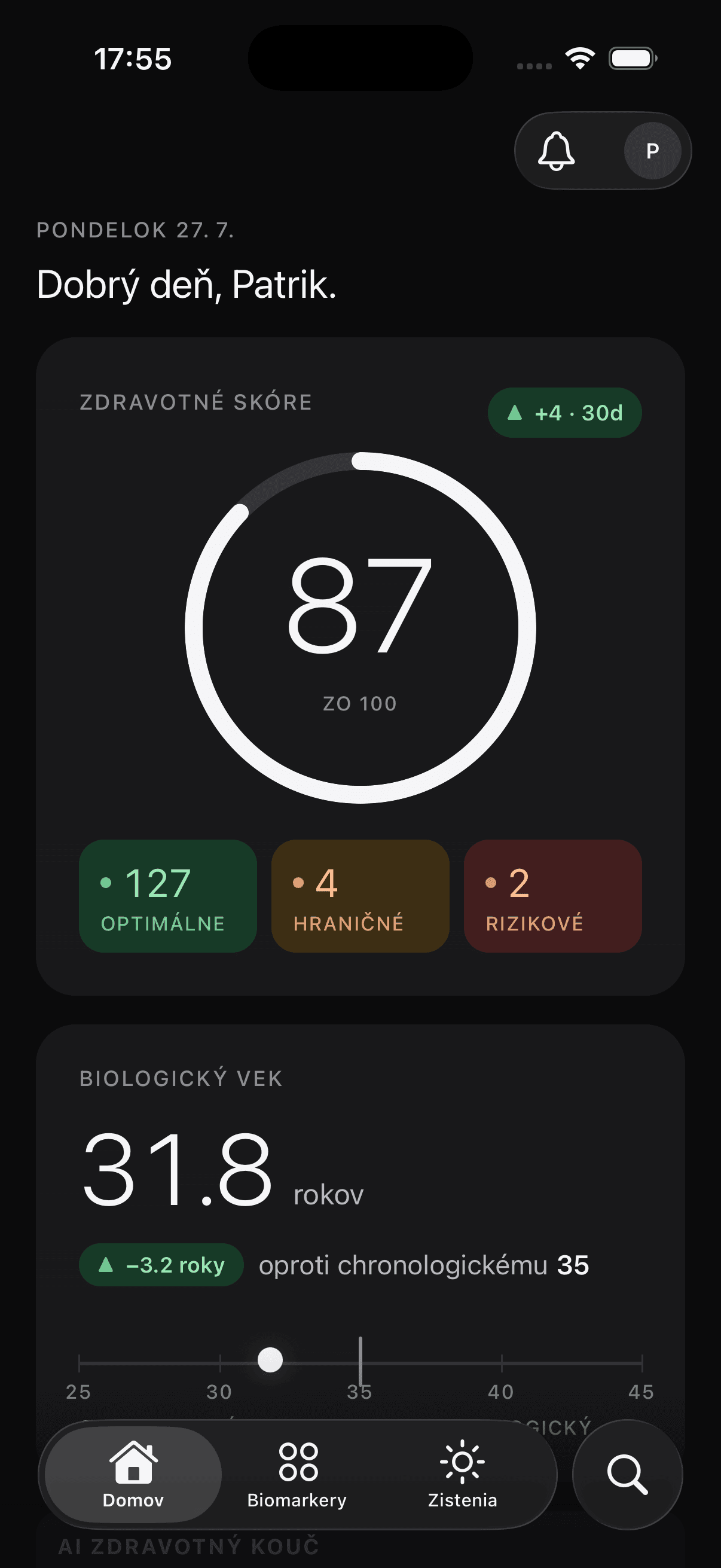 Numax health overview showing a health score, result status counts and biological age